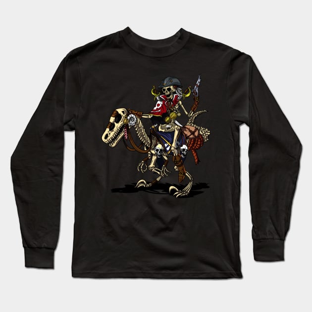 Skeleton Pirate Captain Riding Dinosaur Long Sleeve T-Shirt by underheaven